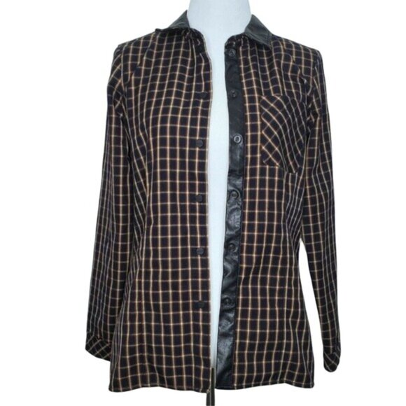 Sanctuary Womens Plaid Shirt Fits Medium Snap Buttons Faux Leather Trim Collar - Picture 3 of 6